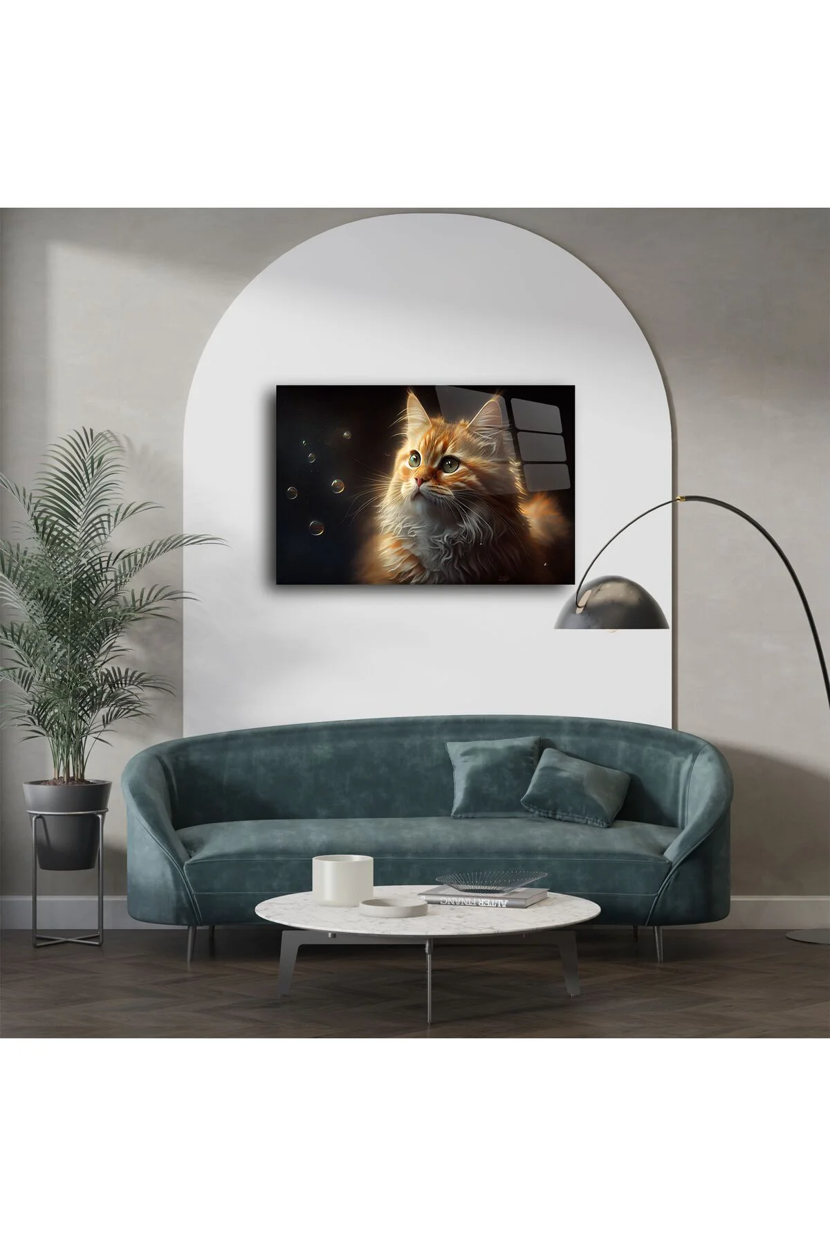 Kabarcıklara Bakan Turuncu Kedi Cam Tablo Kabarcıklara Bakan Turuncu Kedi Cam Tablo