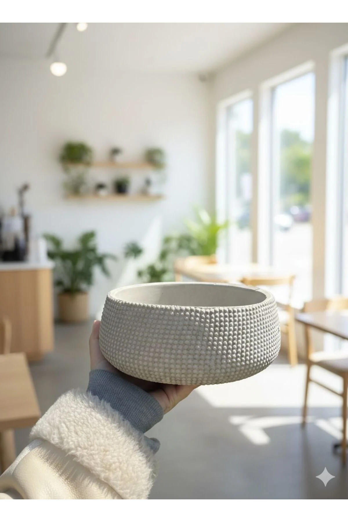 Kabartma nokta desenli el yapımı beton saksı 21x8x7