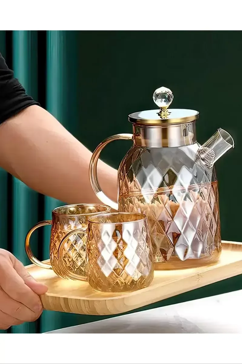 Kabartmalı Bambu Kapaklı Borosilikat Cam Demlik 1500ml Royaleks-C
