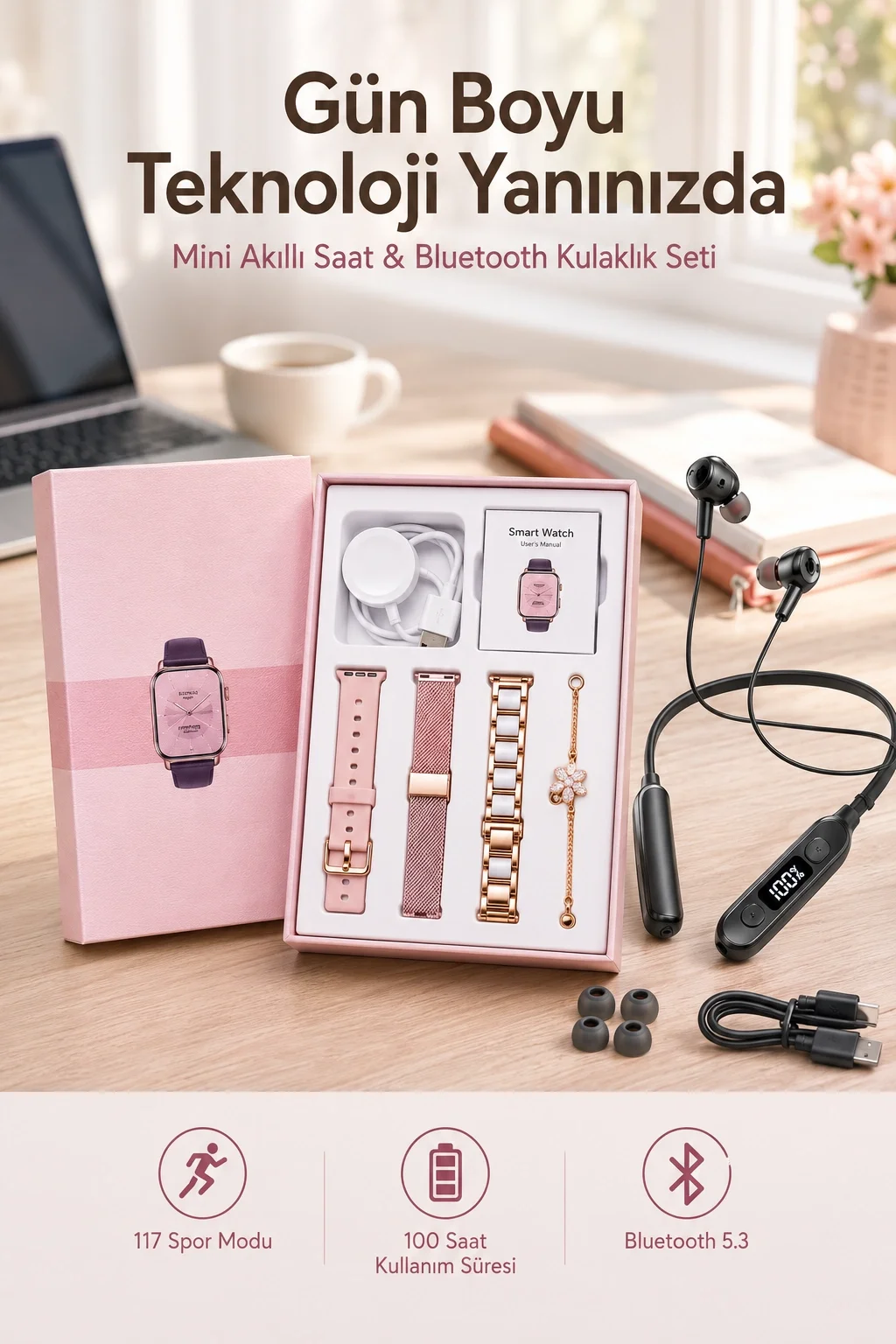 Kablolu Bluetooth Kulaklık ve Kadınlara Özel Bileklik Hediyeli Yeni Nesil Akıllı Saat 3 Kordonlu Kablolu Bluetooth Kulaklık ve Kadınlara Özel Bileklik Hediyeli Yeni Nesil Akıllı Saat 3 Kordonlu