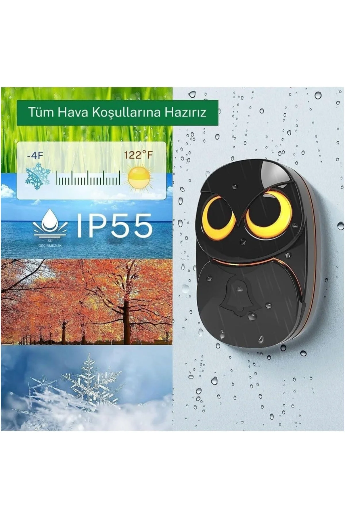 Kablosuz 2Alıcı 1Buton Kapı Zili Işıklı Baykuş 35 Melodi 5 Ses Se