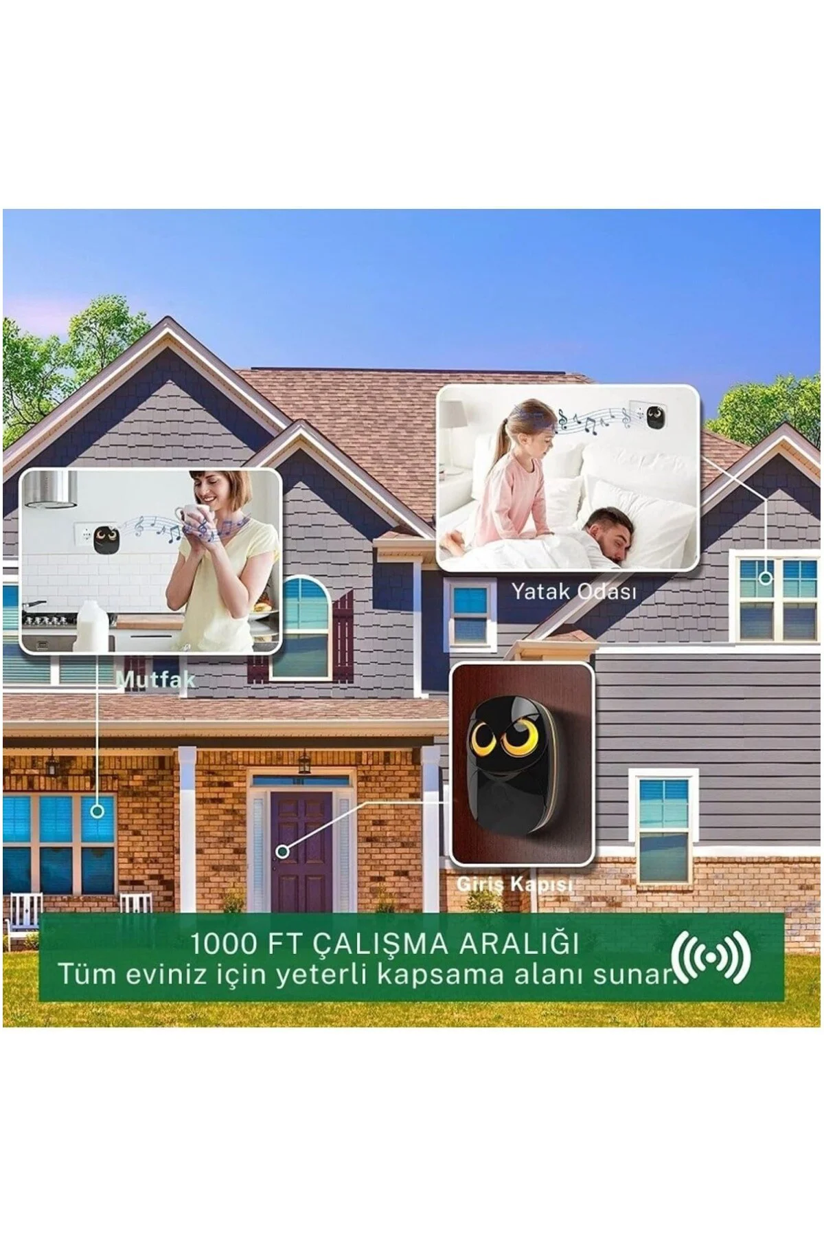Kablosuz 2Alıcı 1Buton Kapı Zili Işıklı Baykuş 35 Melodi 5 Ses Se