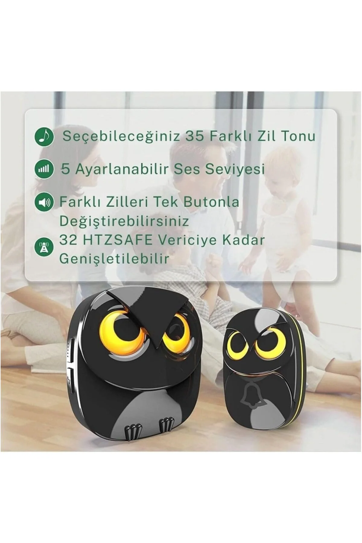 Kablosuz 2Alıcı 1Buton Kapı Zili Işıklı Baykuş 35 Melodi 5 Ses Se