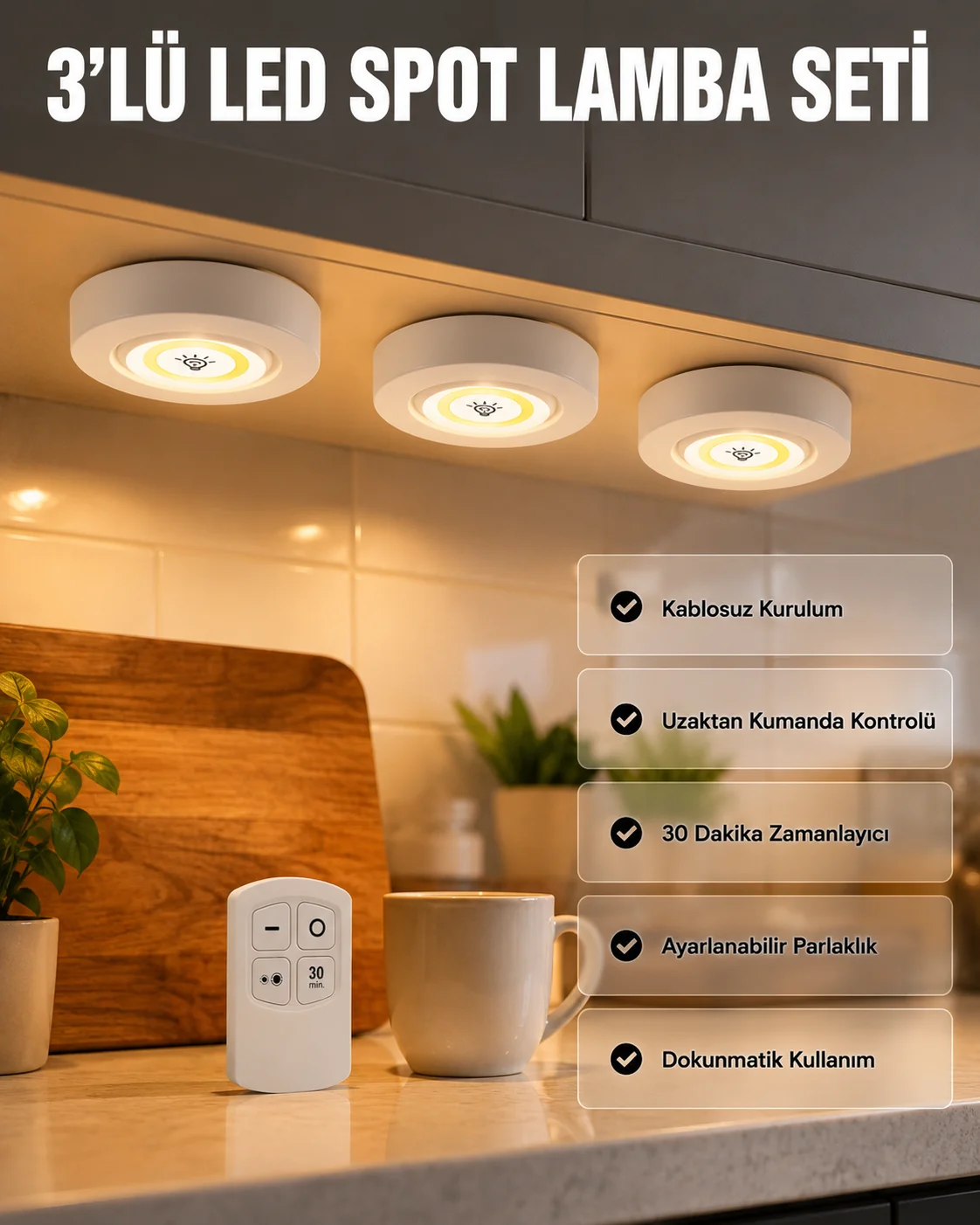 Kablosuz 3 Lü Spot Led Lamba Seti Uzaktan Kumandalı Enerji Tasarruflu Aydınlatma Kablosuz 3 Lü Spot Led Lamba Seti Uzaktan Kumandalı Enerji Tasarruflu Aydınlatma