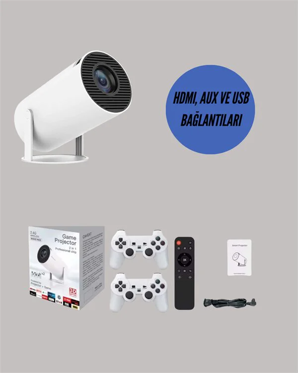Kablosuz 4K Projeksiyon – Çift Kollu Tasarım, Wi‑Fi 6, Bluetooth 5.0, 10.000 Oyun ve Smart App Desteği