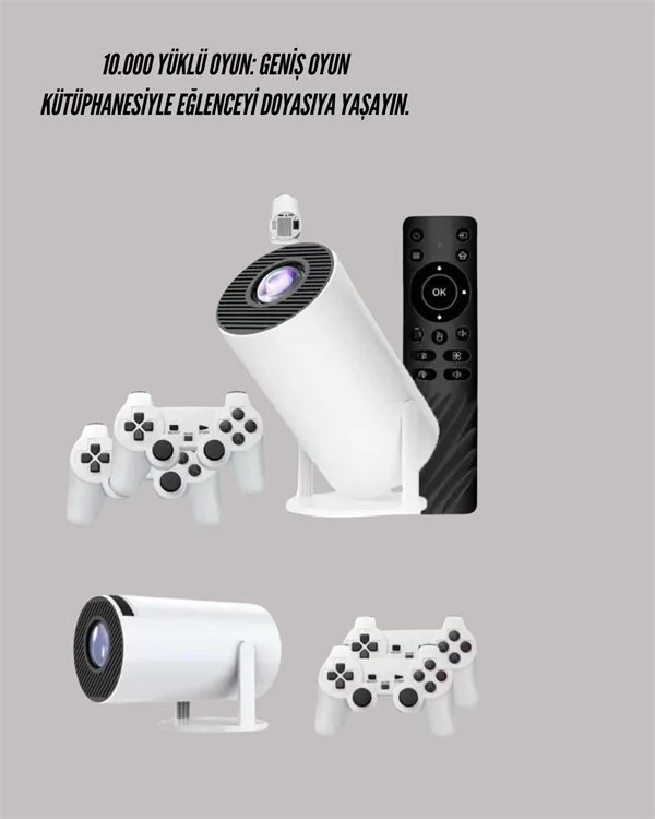 Kablosuz 4K Projeksiyon – Çift Kollu Tasarım, Wi‑Fi 6, Bluetooth 5.0, 10.000 Oyun ve Smart App Desteği