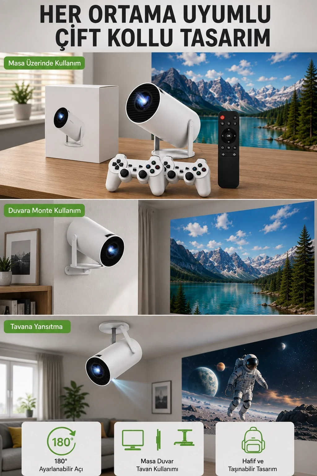 Kablosuz 4K Projeksiyon – Wi‑Fi 6 &amp; Bluetooth 5.0 ile Oyun ve Uygulama Merkezli Yeni Nesil