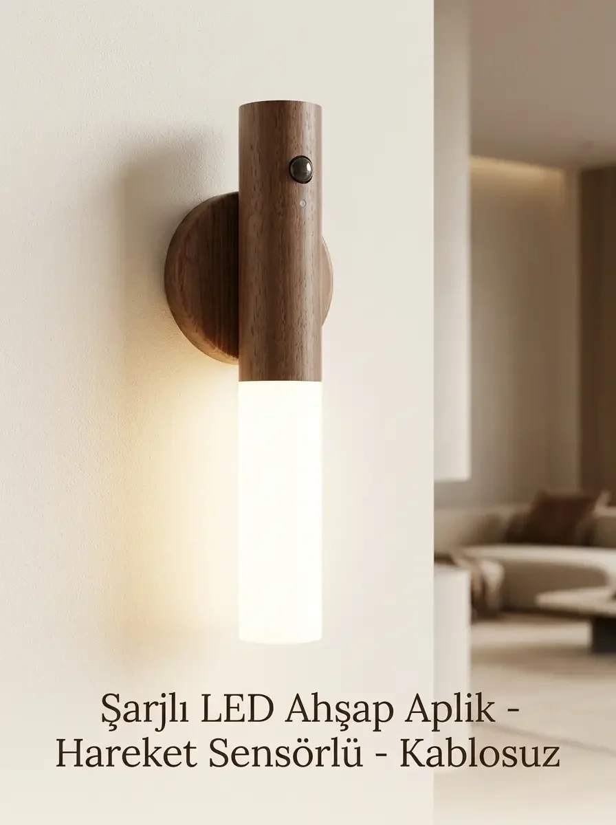 Kablosuz Ahşap Renk LED Duvar Lambası Şarjlı Hareket Sensörlü Günışığı Lüks Aplik