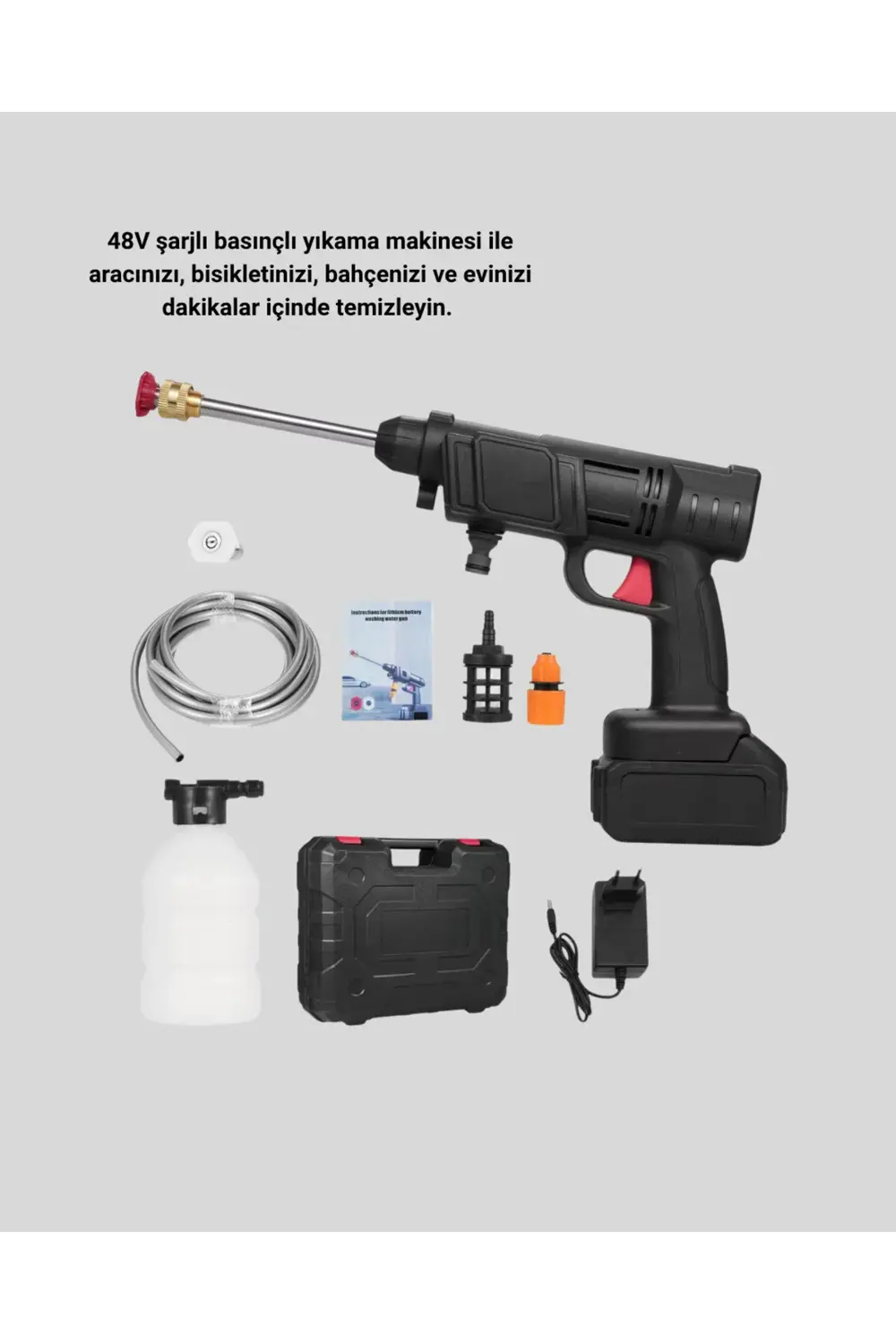 Kablosuz Basınçlı Yıkama Makinesi – 48V Güçlü Motor, 2 Pil ve Köp