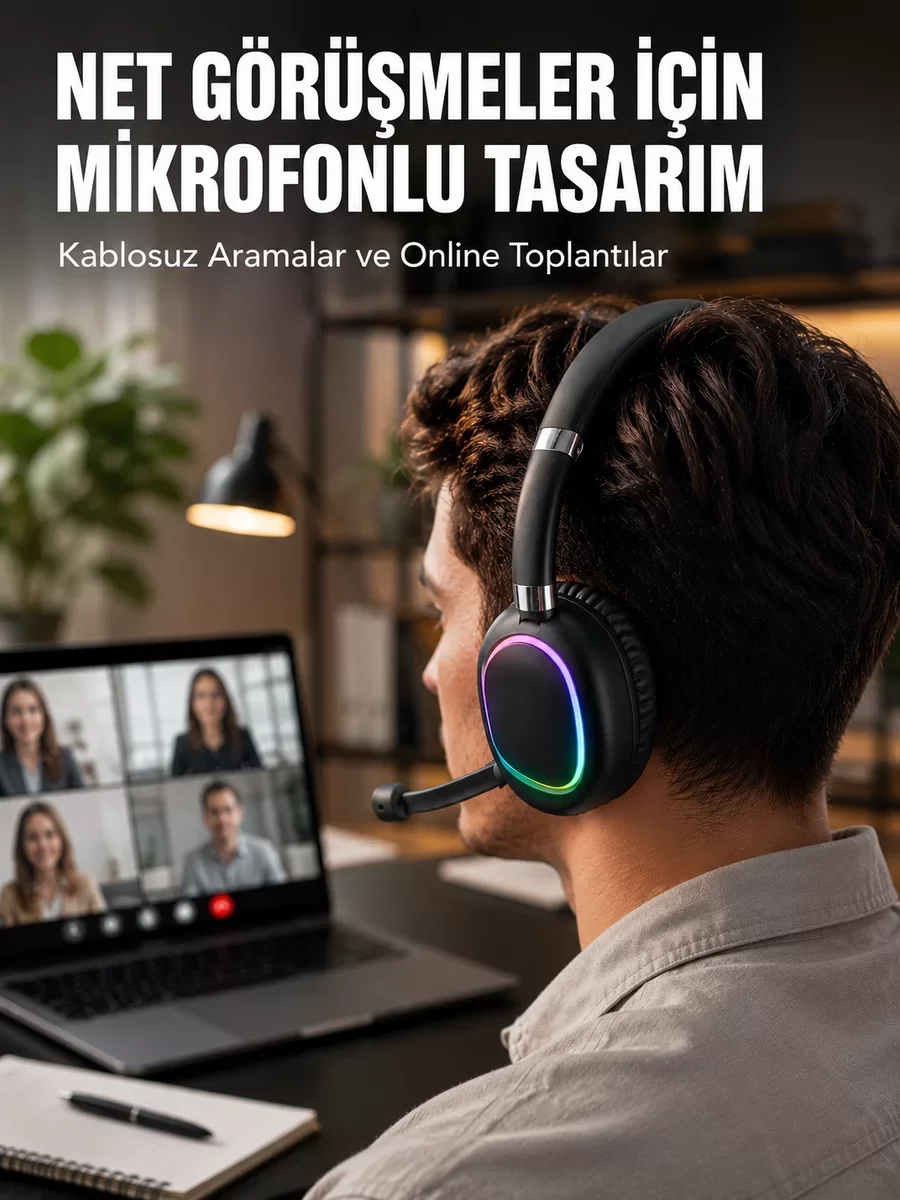 Kablosuz Bluetooth 5.0 RGB Işıklı Kulaklık - Tek Şarjla Uzun Süre Dinlence