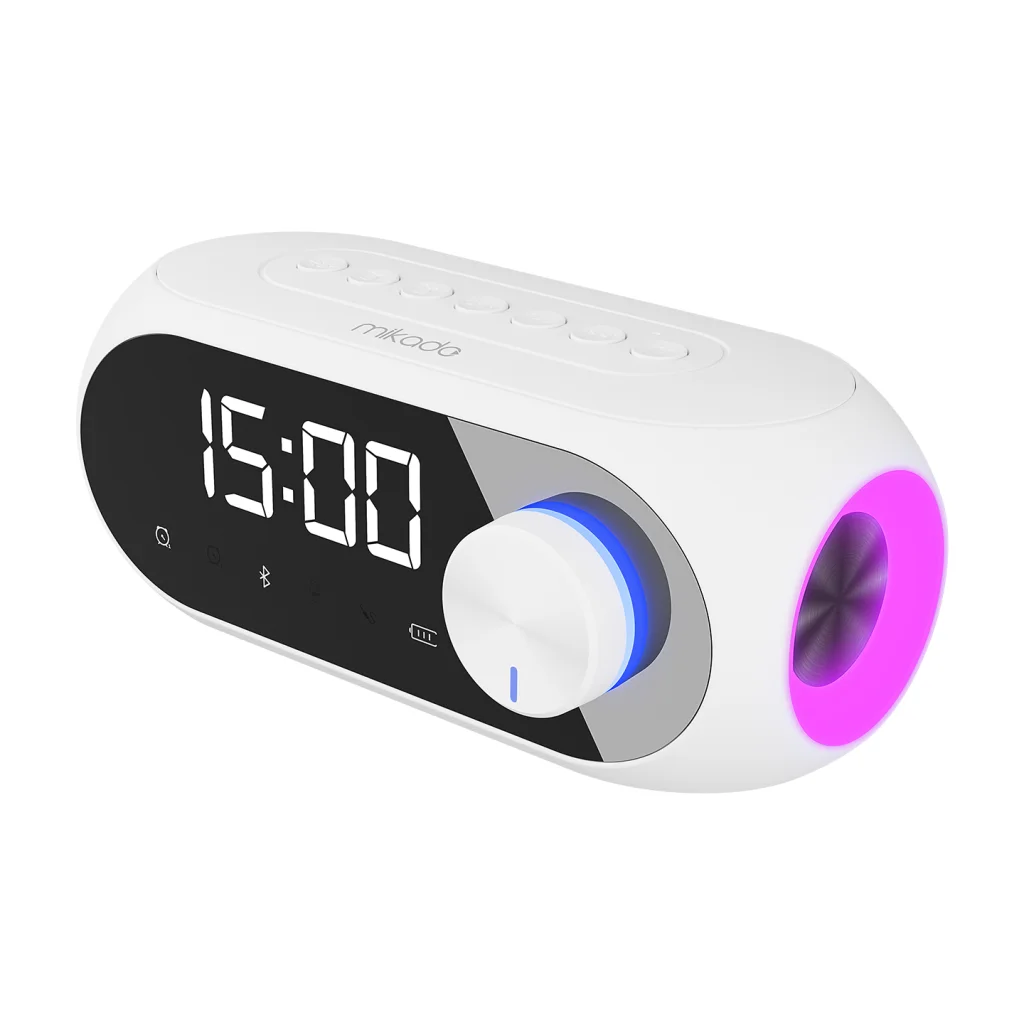 Kablosuz Bluetooth Alarm Saat Radyo ve Hoparlör - 5W 1200mAh Güçlü Batarya (Beyaz)