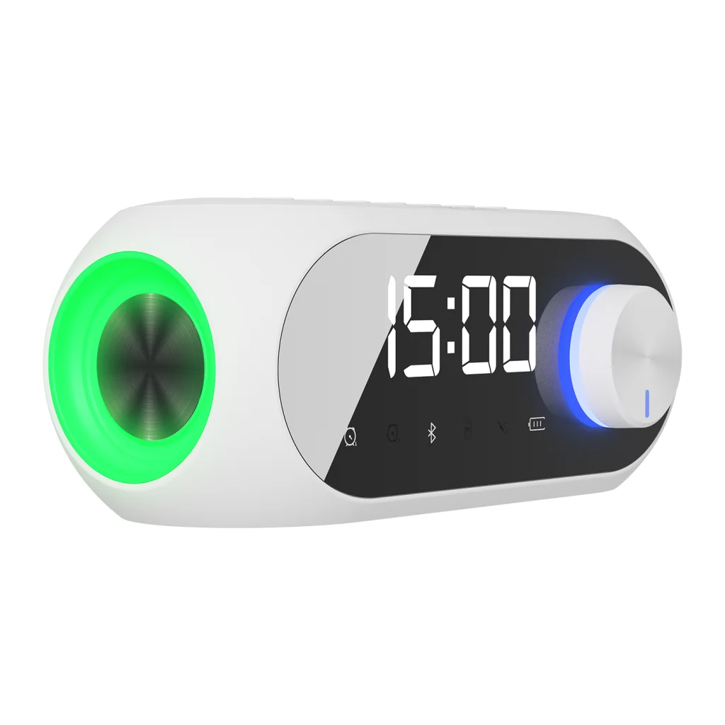 Kablosuz Bluetooth Alarm Saat Radyo ve Hoparlör - 5W 1200mAh Güçlü Batarya (Beyaz)