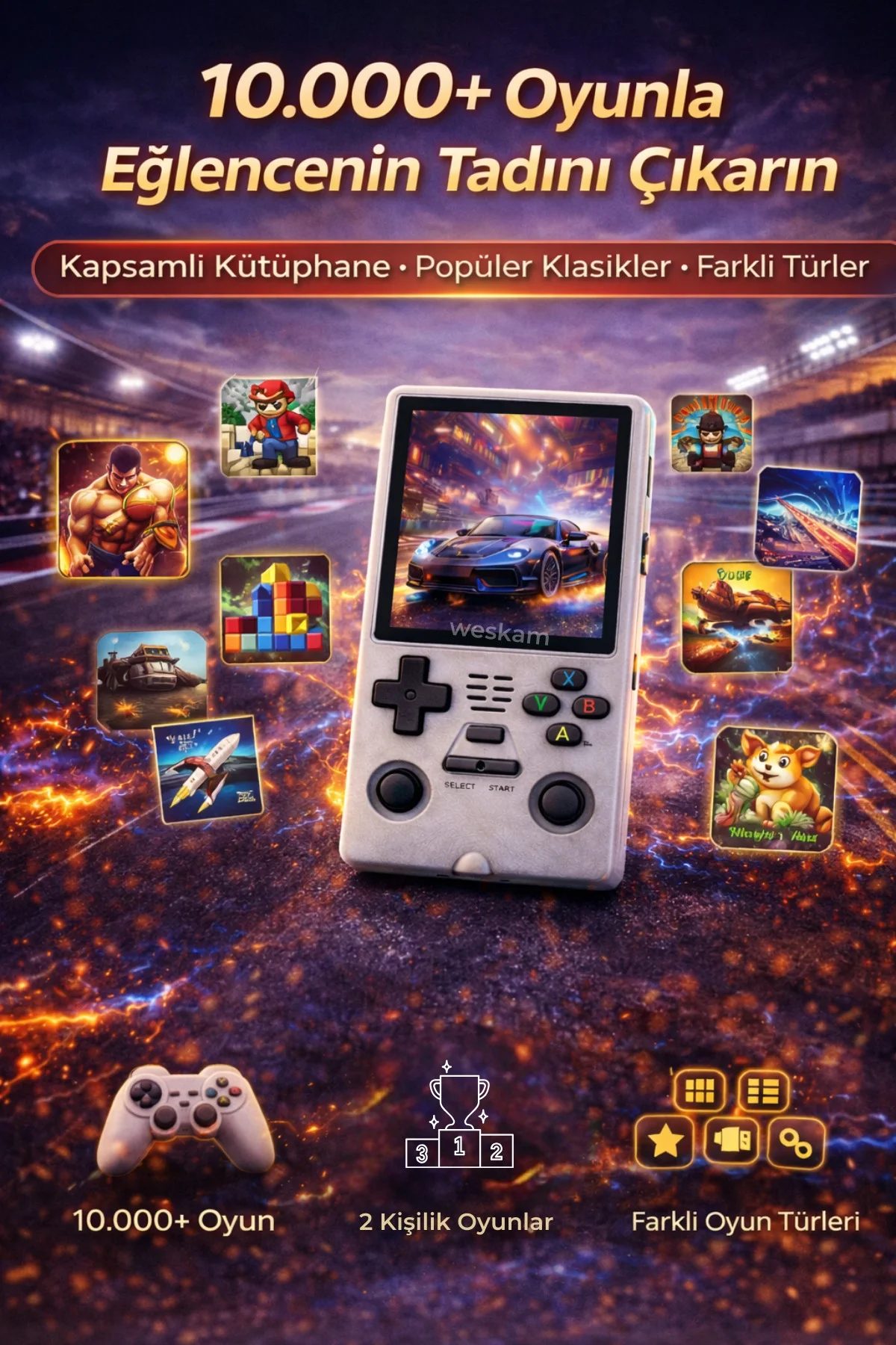 Kablosuz Bluetooth bağlantılı beyaz retro oyun konsolu TV uyumlu 10.000+ oyunlu - Elektronik