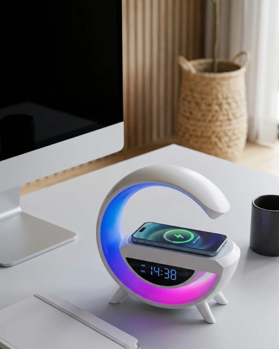 Kablosuz Bluetooth Hoparlör Saat RGB Işık ve Gece Lambası - Pratik Şarj İstasyonu