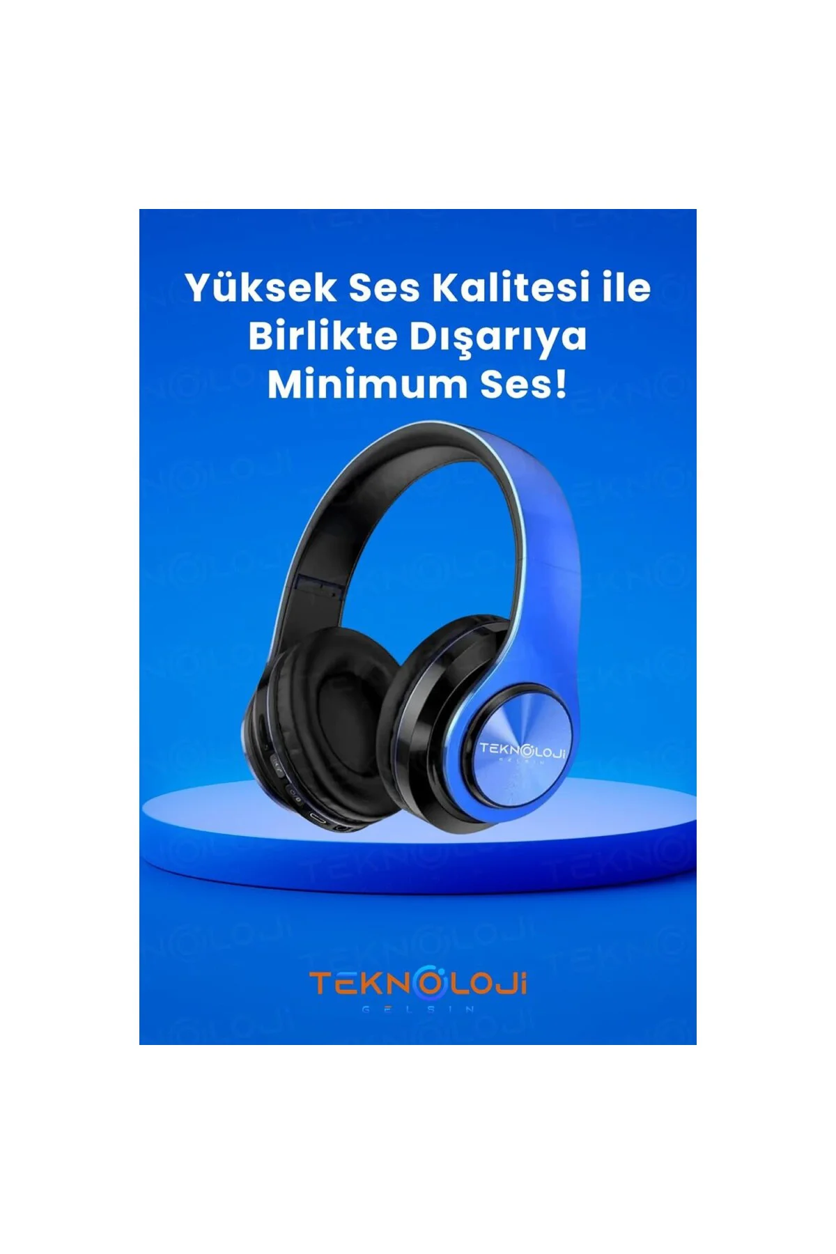 Kablosuz Bluetooth Kulaküstü Kulaklık, LED Işıklı, Katlanabilir, Mikrofonlu, Siyah-Mavi