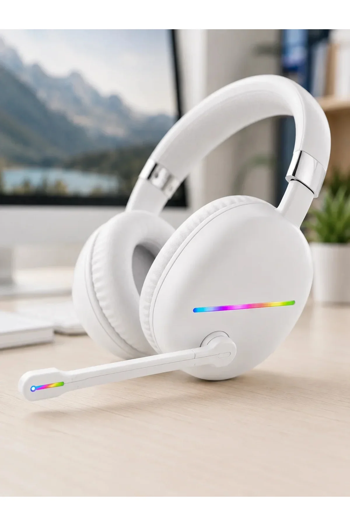 Kablosuz Bluetooth krofonlu Beyaz Kulaklık RGB Işıklı