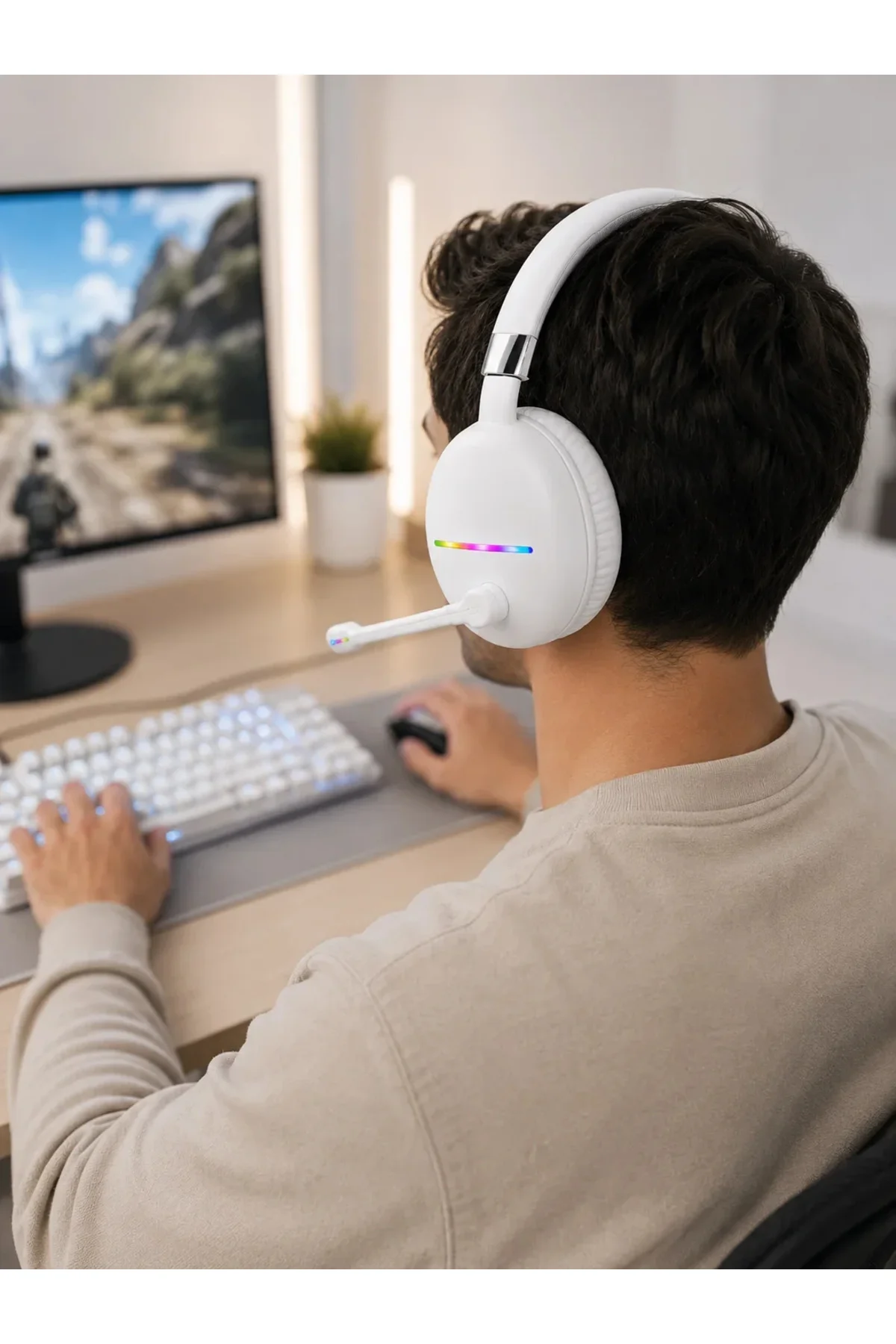 Kablosuz Bluetooth krofonlu Beyaz Kulaklık RGB Işıklı