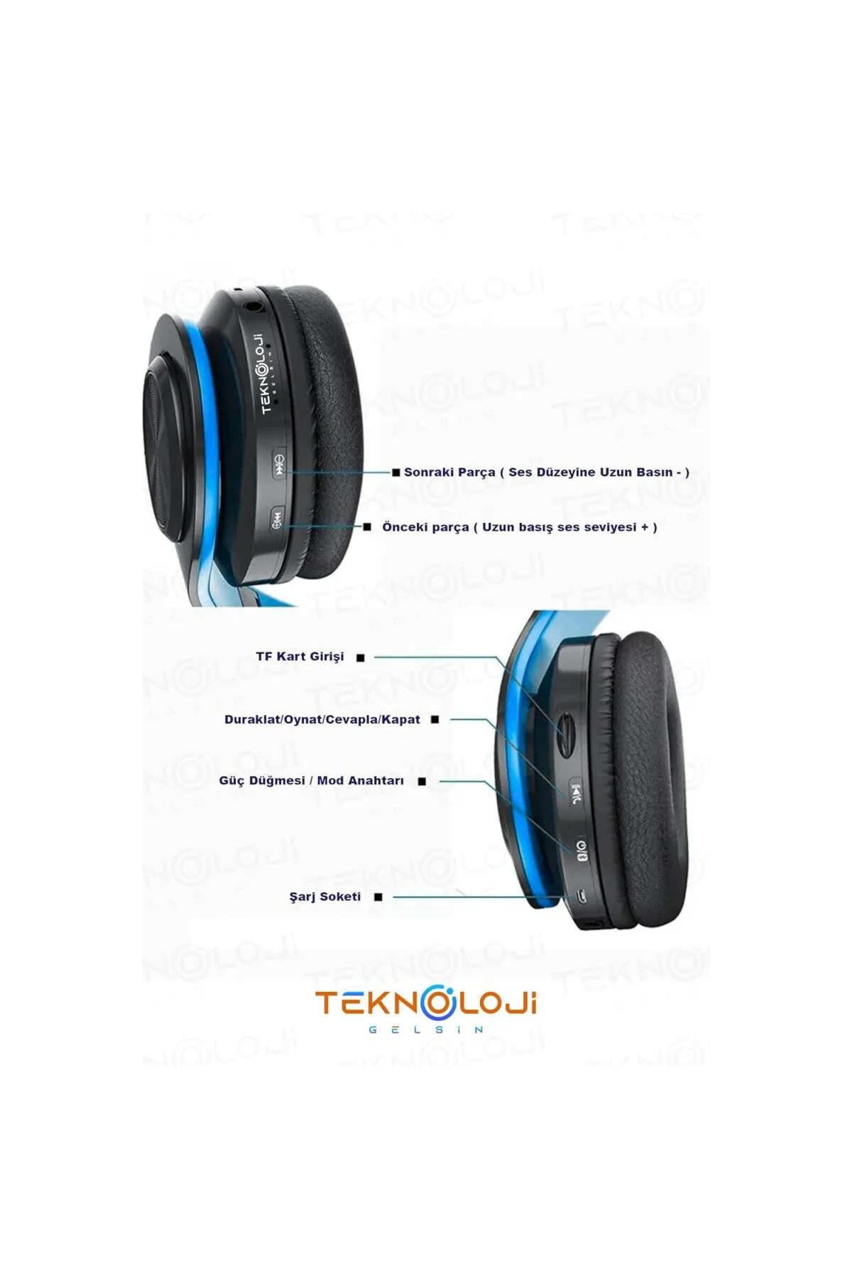 Kablosuz Bluetooth Kulaküstü Kulaklık, LED Işıklı, Katlanabilir, Mikrofonlu, Siyah-Mavi