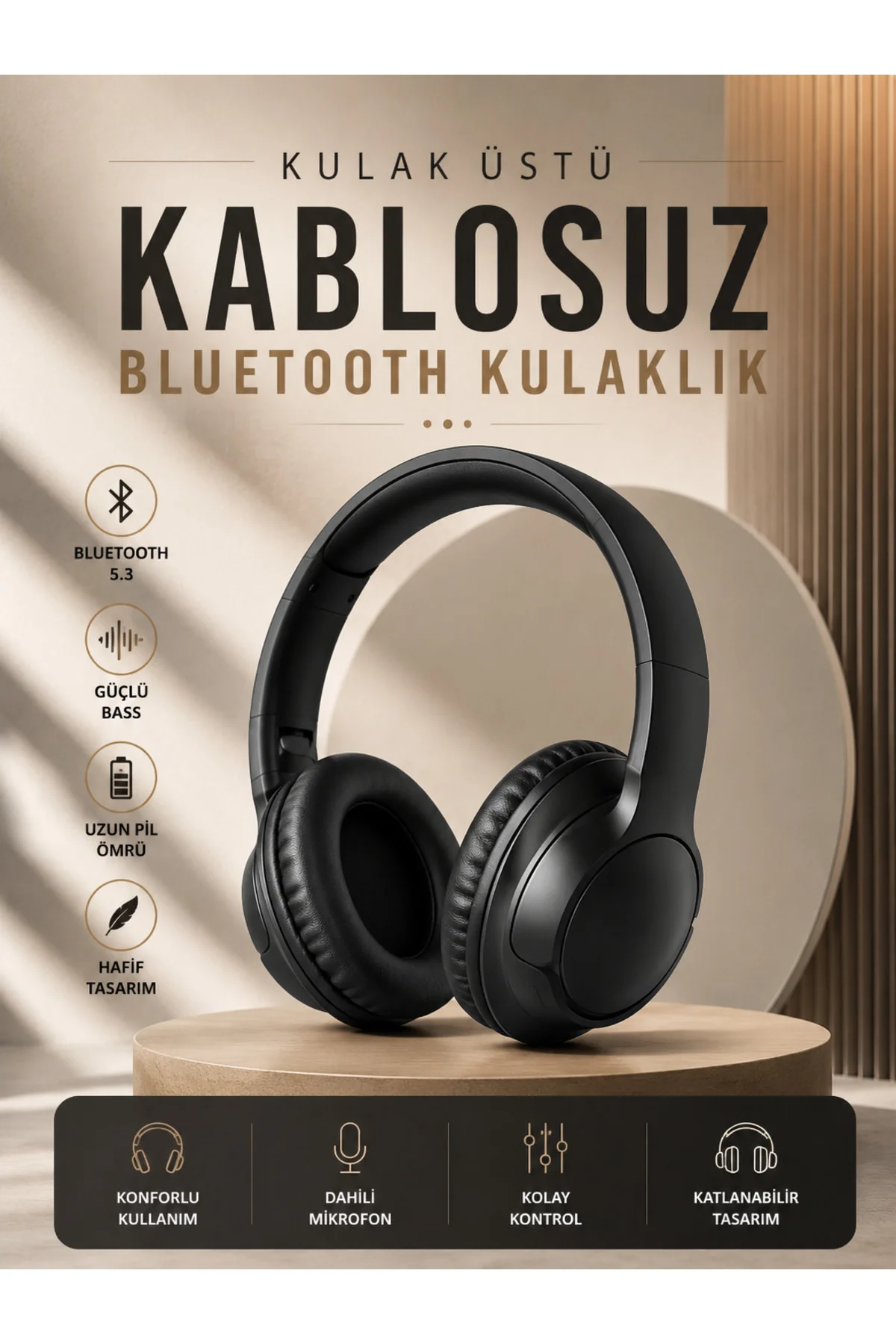 Kablosuz Bluetooth Kulaklık Kulak Üstü Mikrofonlu 5.0 Bluetooth A