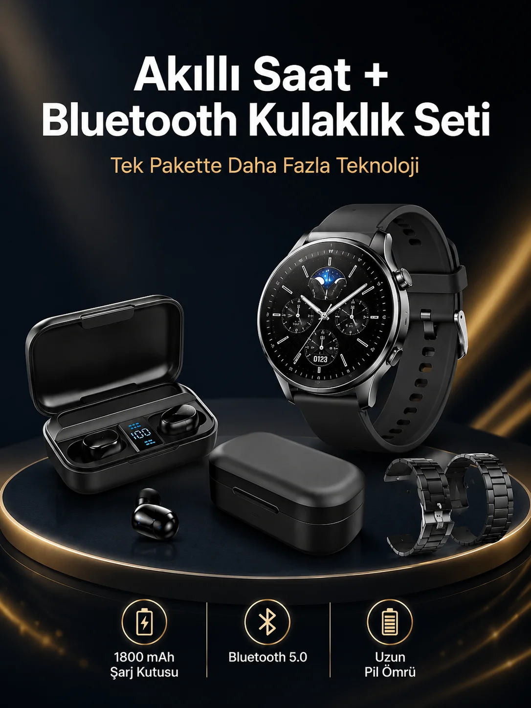 Kablosuz Bluetooth Kulaklık ve Kordon Hediyeli Akıllı Saat Nabız Ölçer Uzun Pil Ömrü