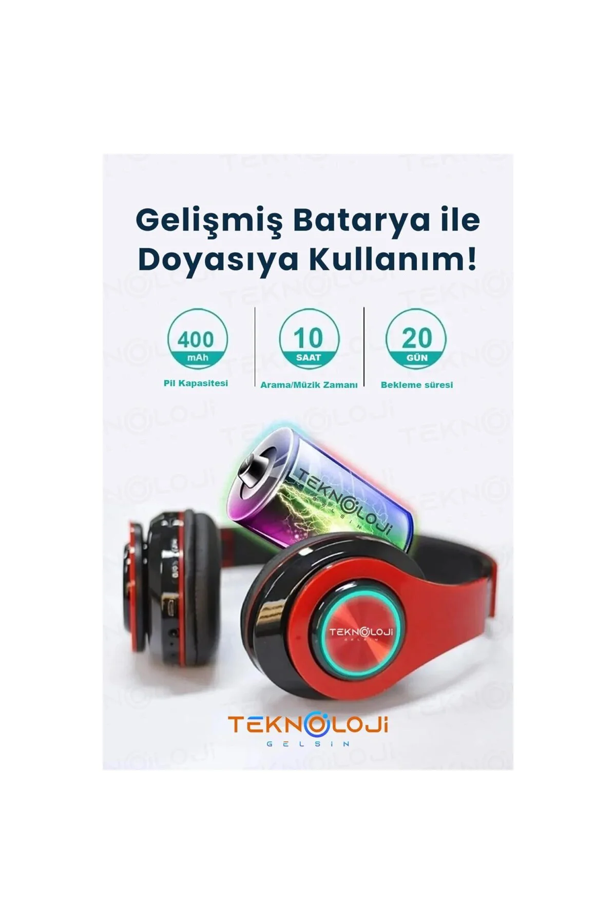 Kablosuz Bluetooth Kulaküstü Kulaklık, LED Işıklı, Katlanabilir, Mikrofonlu, Siyah-Mavi