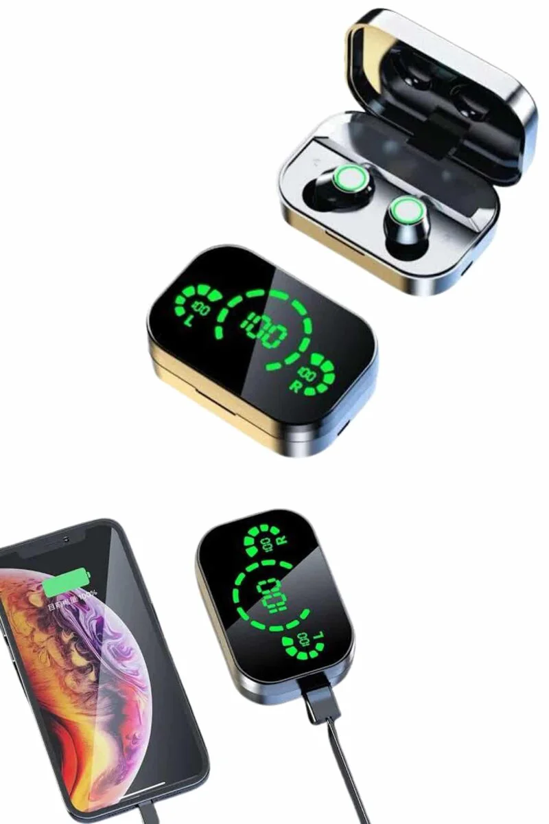 Kablosuz Bluetooth Kulaklık Çift Telefon Destekli Powerbanklı Dijital Göstergeli - Suya ve Ter Dayanıklı Spor Kulaklık