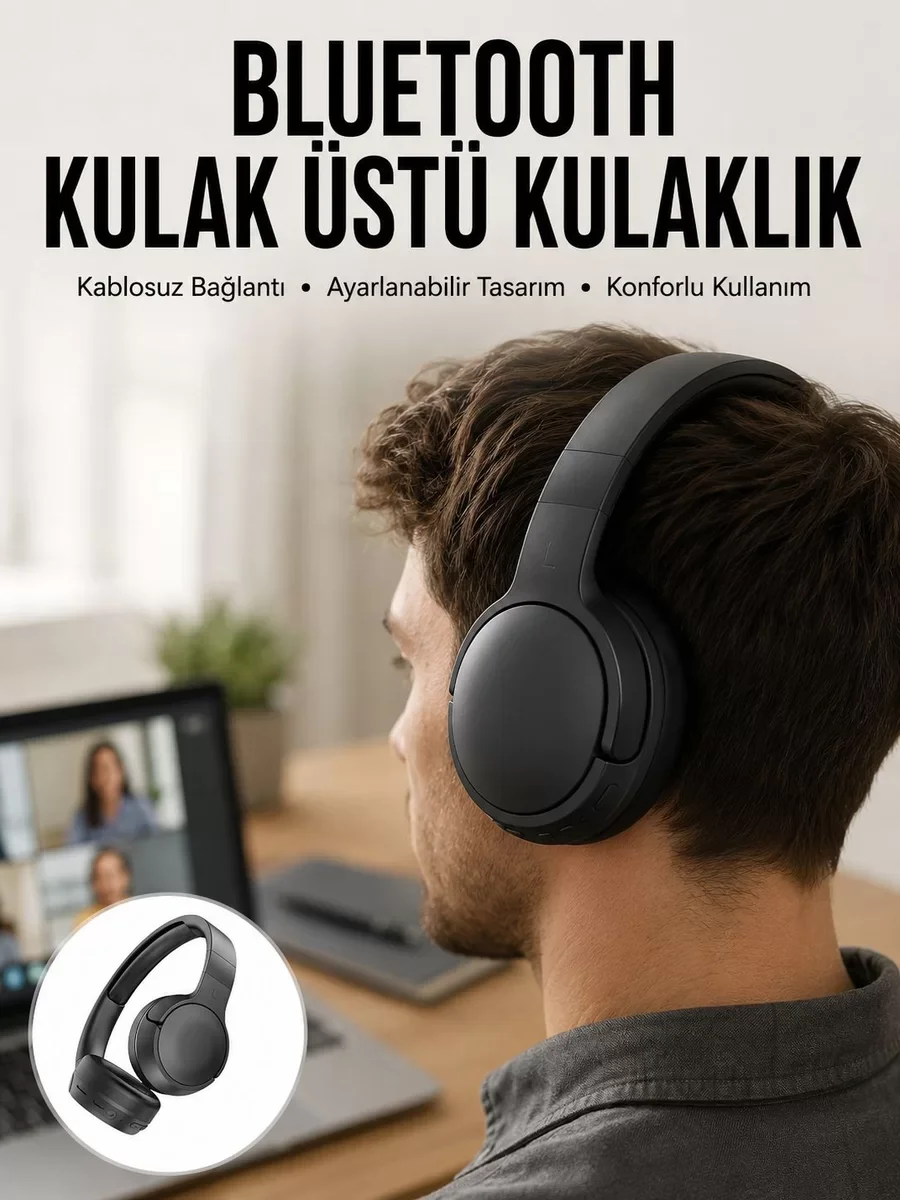 Kablosuz Bluetooth Kulaklık Kulak Üstü Ayarlanabilir Uzun Ömürlü 