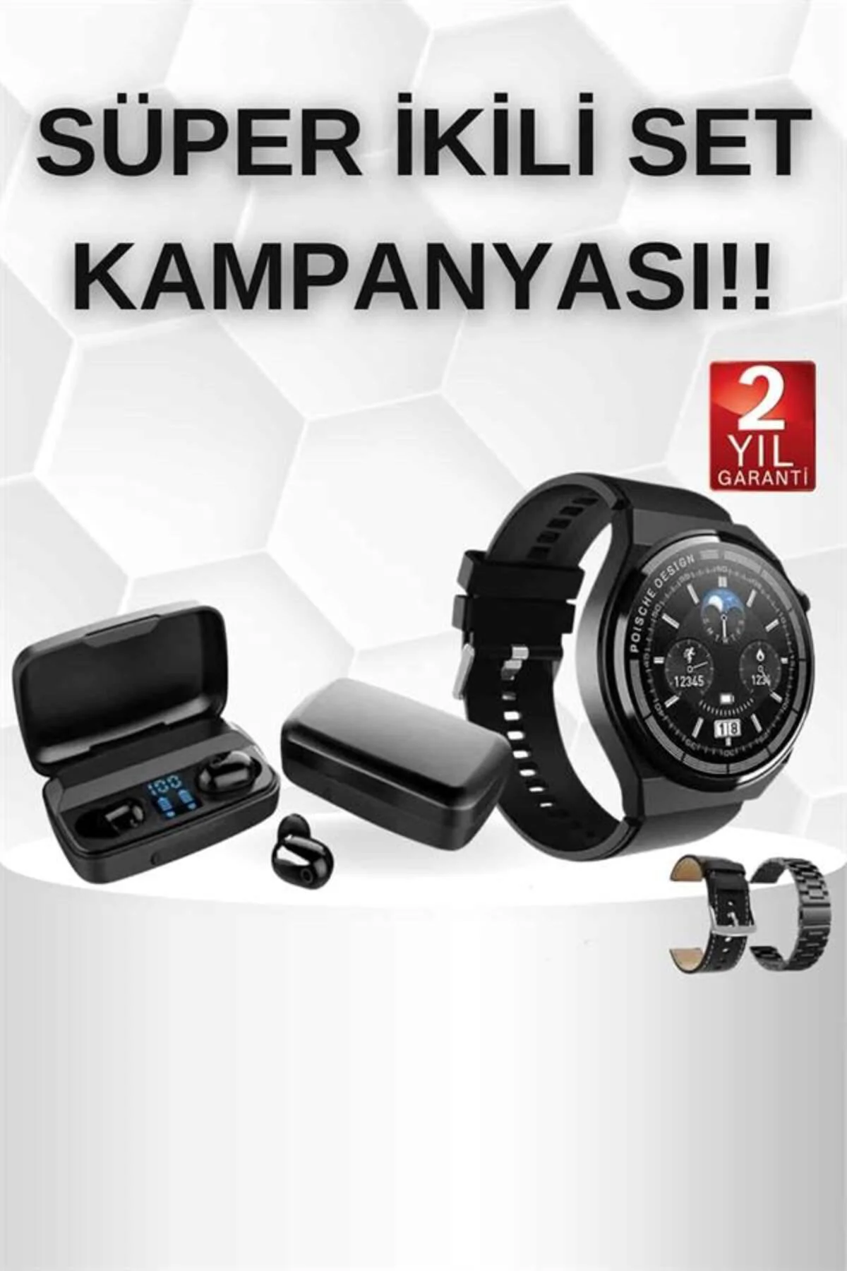 Kablosuz Bluetooth Kulaklık ve Kordon Hediyeli Akıllı Saat Nabız 