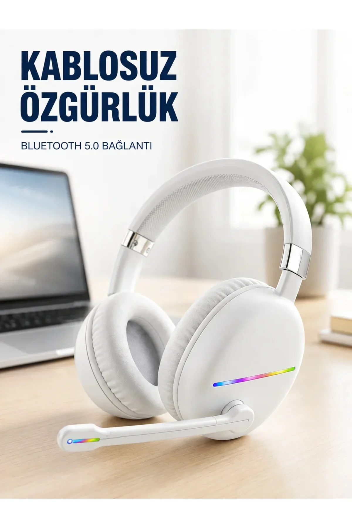 Kablosuz Bluetooth krofonlu Beyaz Kulaklık RGB Işıklı