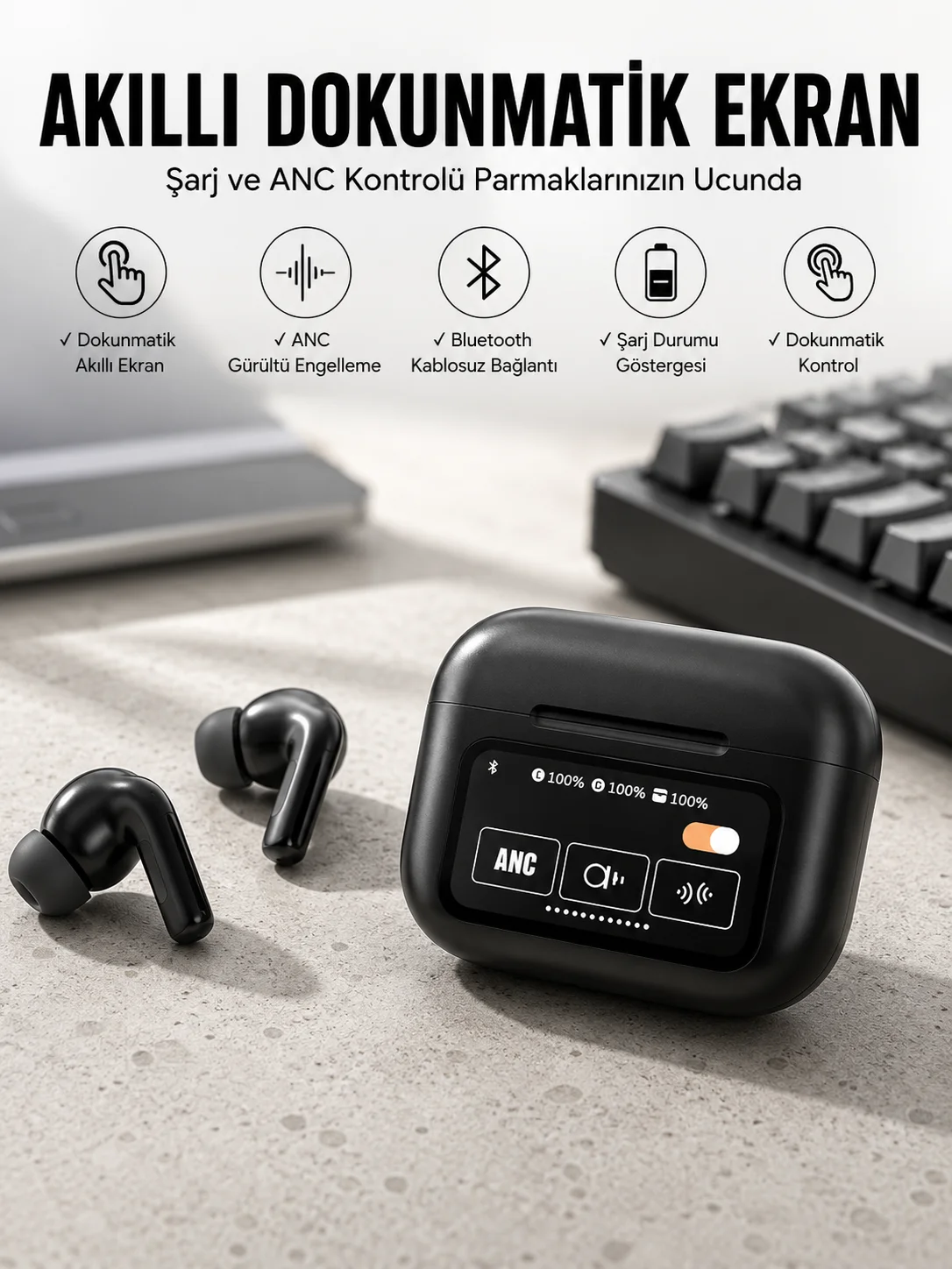 Kablosuz Bluetooth Kulaklık Ekranlı Uzun Şarj Süreli ANC Destekli