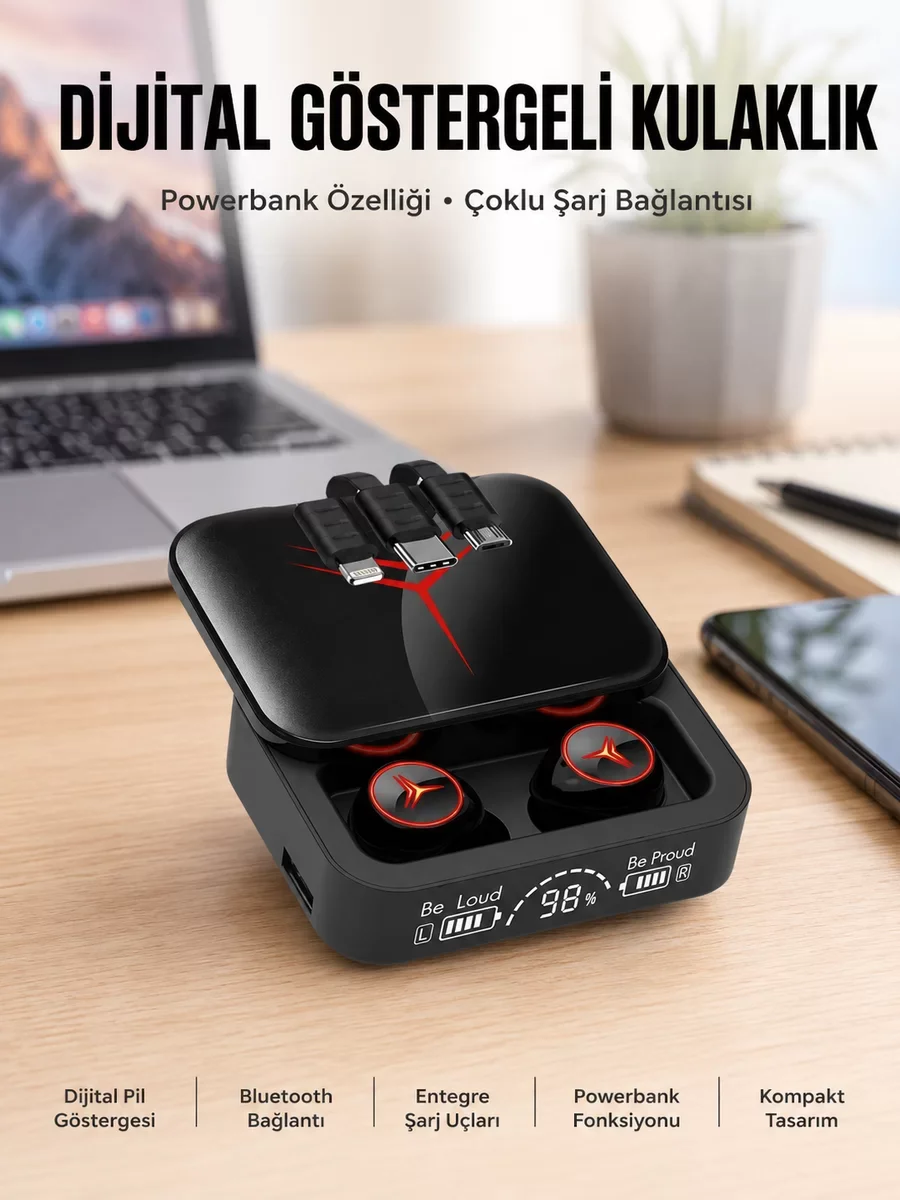Kablosuz Bluetooth Kulaklık – IPX6 Su Geçirmez, Dokunmatik Kontrol, 4-5 Saat Pil, Hızlı Şarj Kutulu