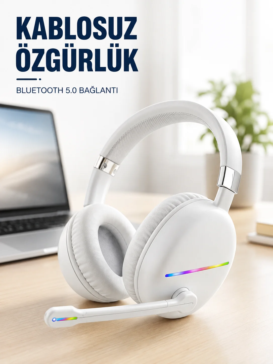 Kablosuz Bluetooth Mikrofonlu Beyaz Kulaklık RGB Işıklı