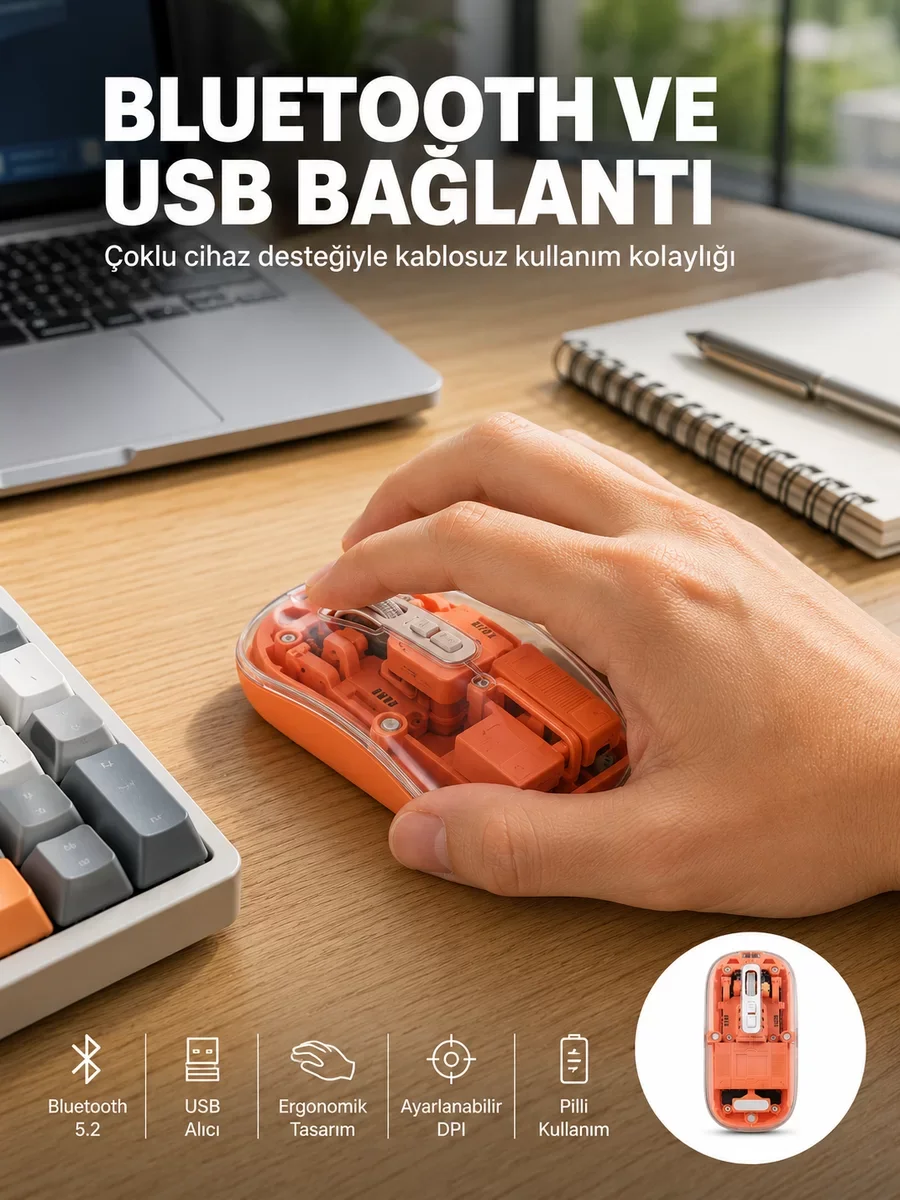 Kablosuz Bluetooth Mouse - Sessiz Tıklama ve Şeffaf Tasarım