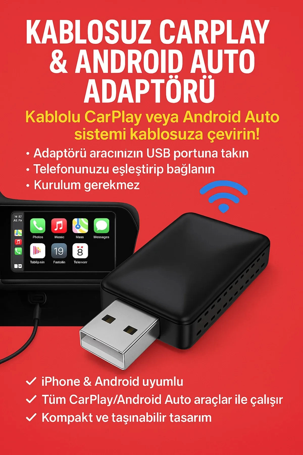 Kablosuz Carplay & Android Auto Adaptörü - Apple Ve Android Cihaz