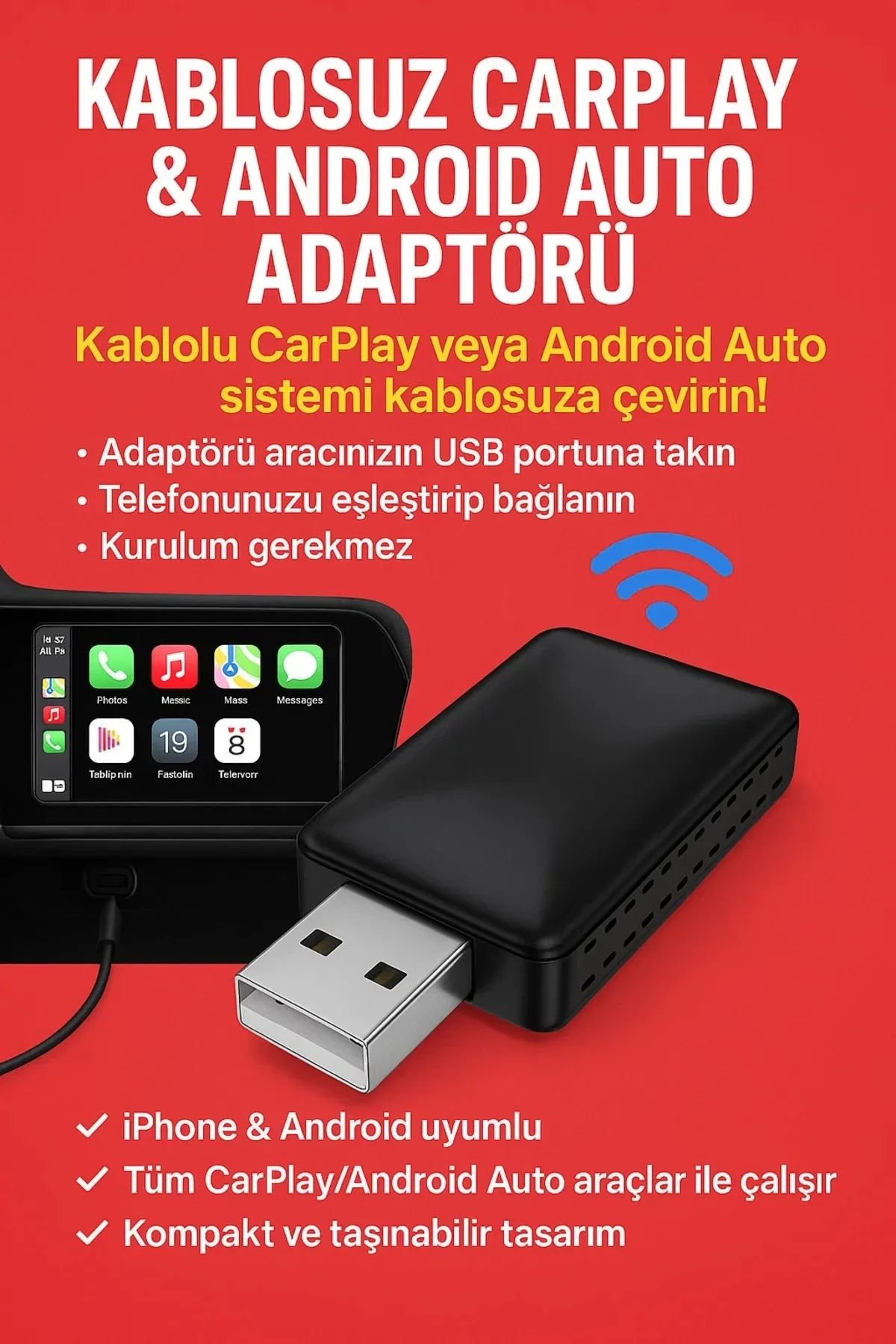 Kablosuz CarPlay &amp; Android Auto Adaptörü - Apple ve Android Cihazlar İçin Evrensel Wireless Carplay Çevirici