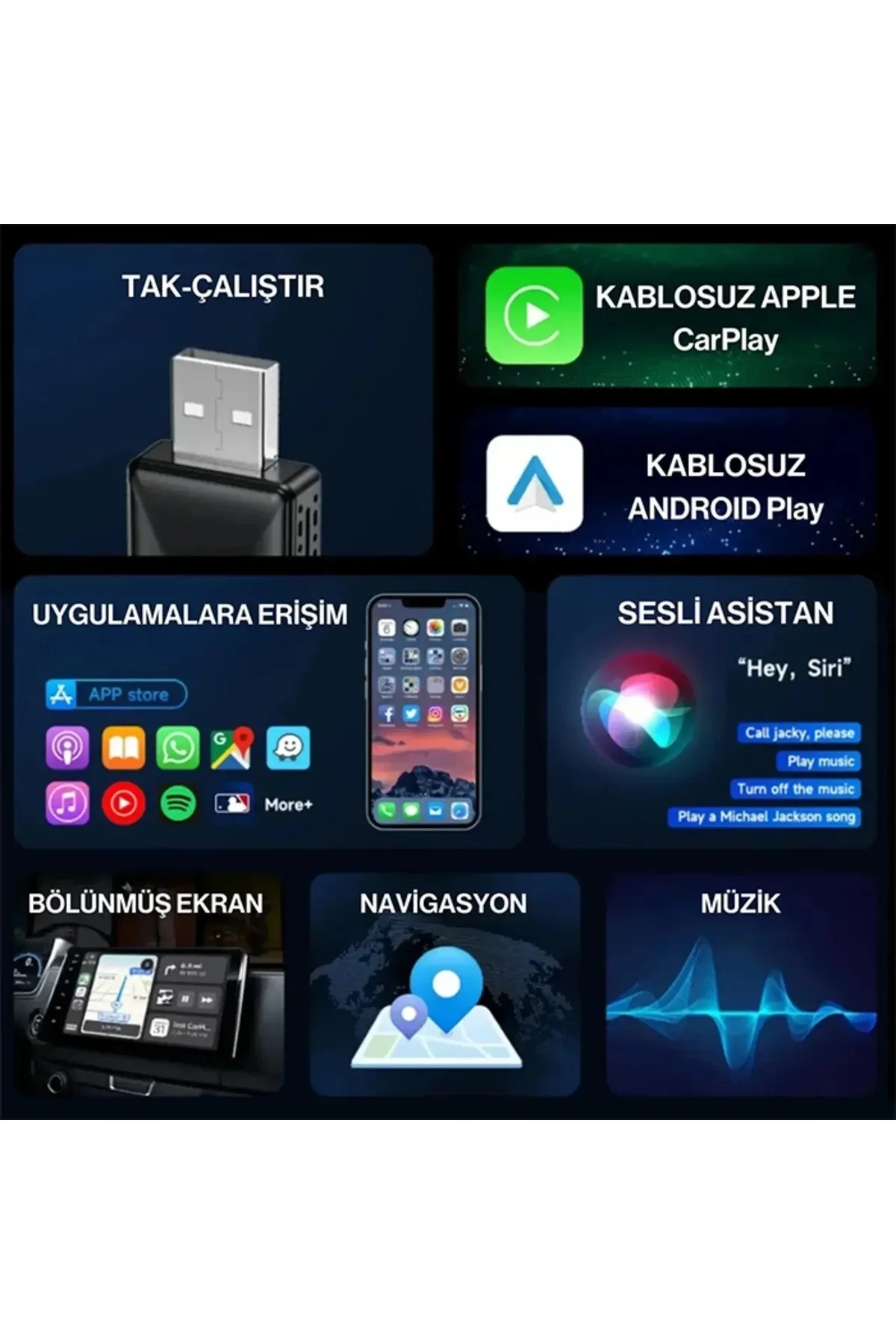 Kablosuz CarPlay &amp; Android Auto Adaptörü - Apple ve Android Cihazlar İçin Evrensel Wireless Carplay Çevirici