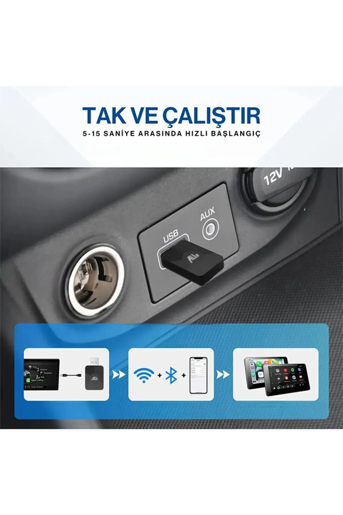 Kablosuz CarPlay &amp; Android Auto Adaptörü - Apple ve Android Cihazlar İçin Evrensel Wireless Carplay Çevirici