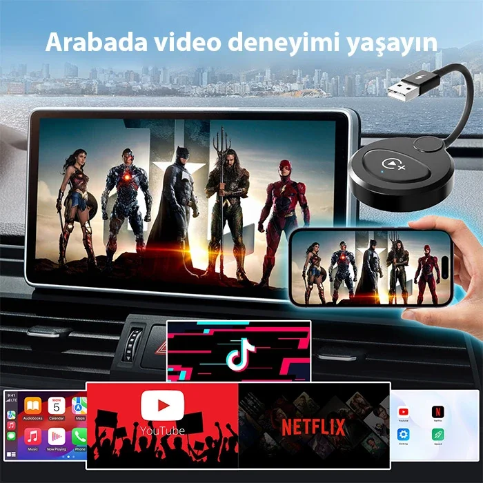 Kablosuz CarPlay & Android Auto Adaptörü - Apple iPhone iOS ve Android 11+ Uyumlu YouTube Netflix TikTok Video Yansıtıcı