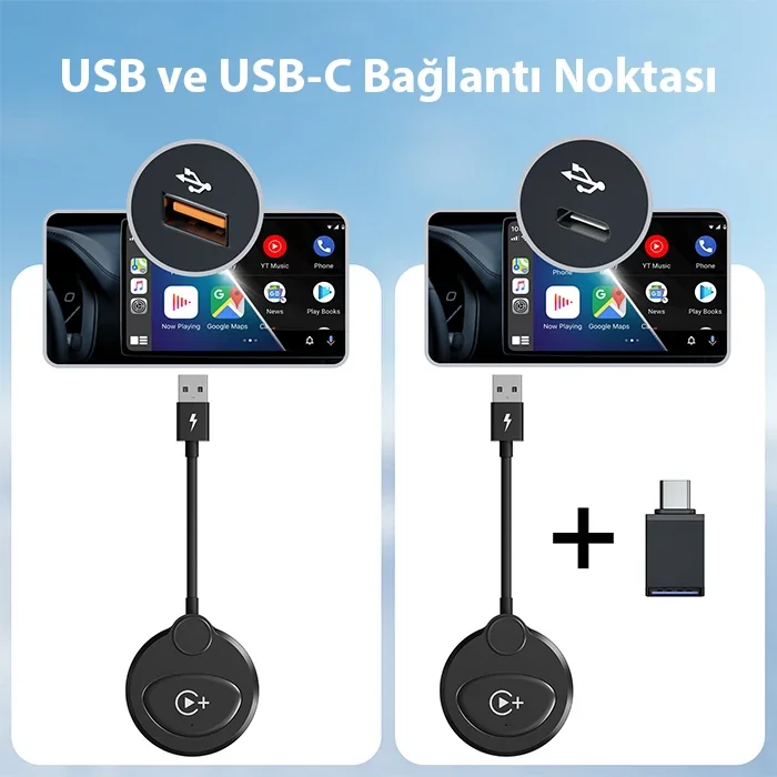 Kablosuz CarPlay & Android Auto Adaptörü - Apple iPhone iOS ve Android 11+ Uyumlu YouTube Netflix TikTok Video Yansıtıcı
