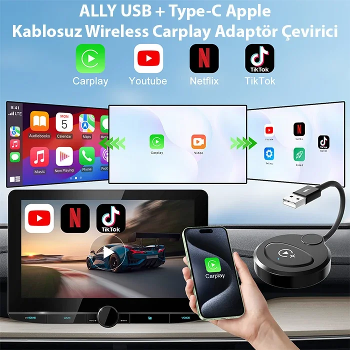 Kablosuz CarPlay & Android Auto Adaptörü - Apple iPhone iOS ve Android 11+ Uyumlu YouTube Netflix TikTok Video Yansıtıcı