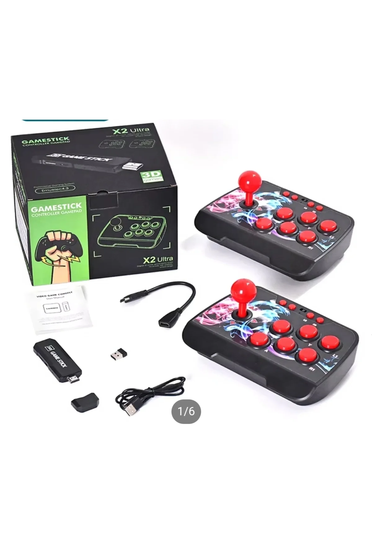 Kablosuz çift joystickli retro video oyun makinesi Bluetooth özellikli kırmızı renkli