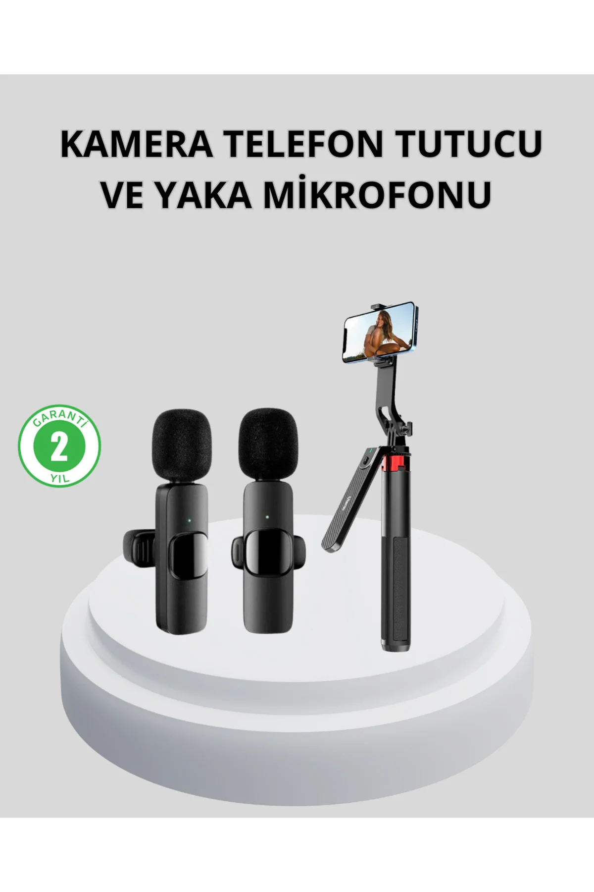 Kablosuz Çift Yaka Mikrofonu ve Tripodlu Selfie Çubuğu İçerik Üre