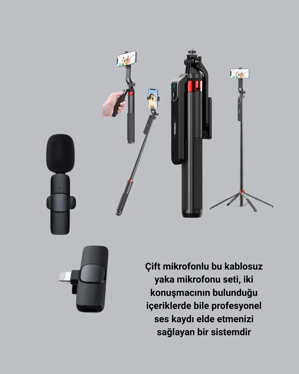 Kablosuz Çift Yaka Mikrofon ve Tripodlu Selfie Çubuğu İçerik Üretici Seti - Profesyonel Ses ve Stabil Görüntü İçin Mükemmel Çözüm