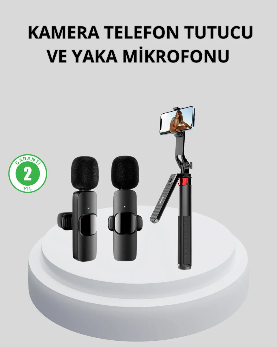 Kablosuz Çift Yaka Mikrofon ve Tripodlu Selfie Çubuğu İçerik Üretici Seti - Profesyonel Ses ve Stabil Görüntü İçin Mükemmel Çözüm