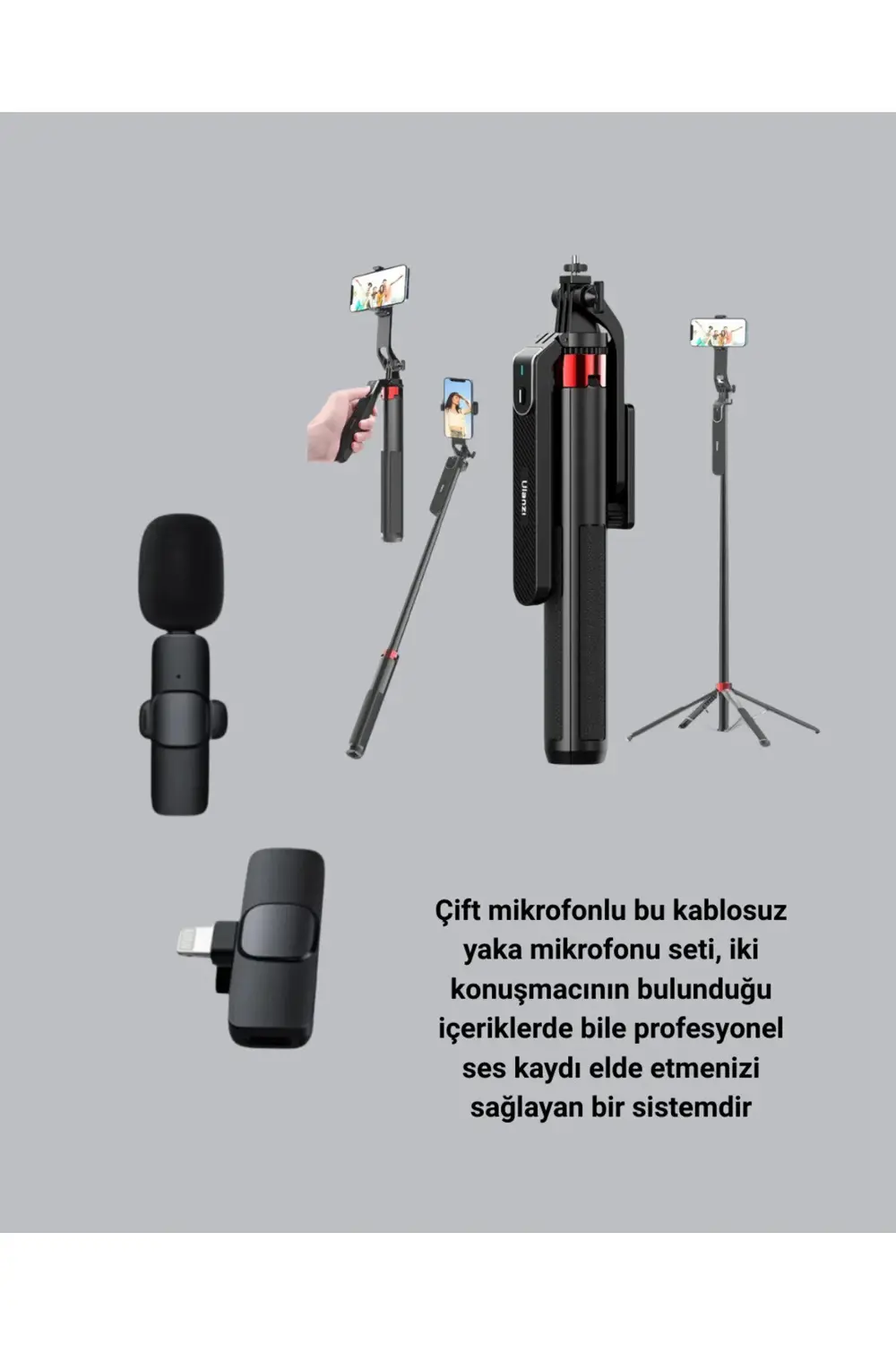 Kablosuz Çift Yaka Mikrofonu ve Tripodlu Selfie Çubuğu İçerik Üre