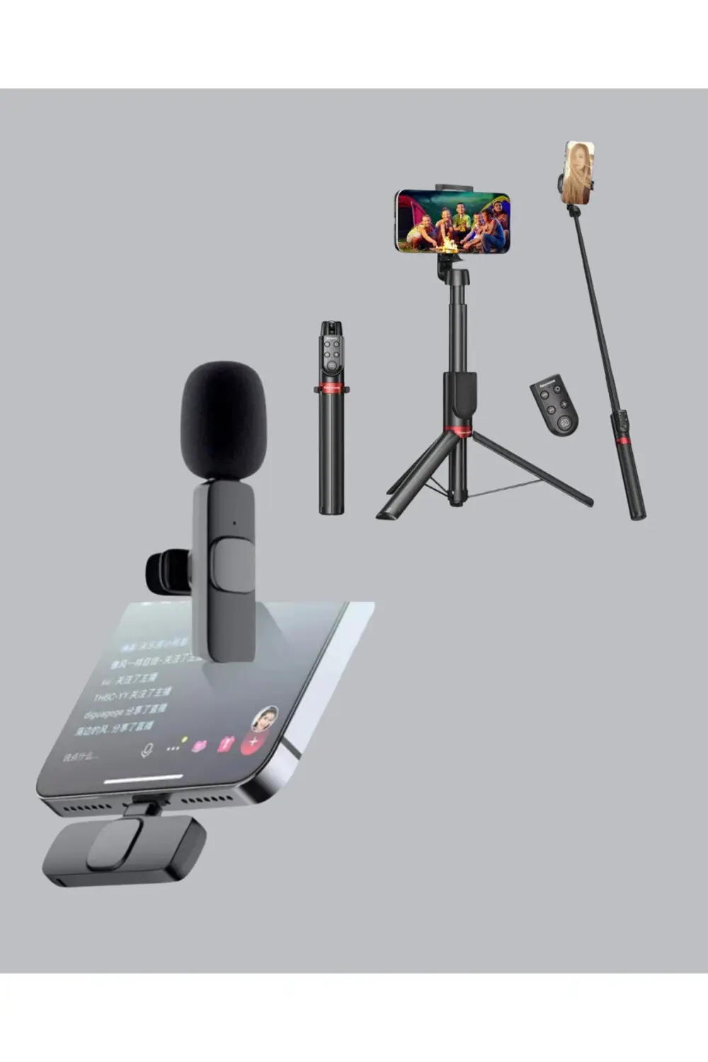 Kablosuz Çift Yaka Mikrofonu ve Tripodlu Selfie Çubuğu İçerik Üre