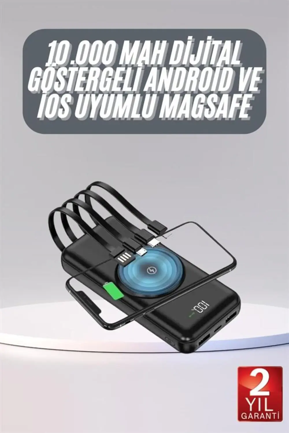 Kablosuz Çoklu Şarj Girişli 10.000 Mah Kablolu Powerbank Taşınabi