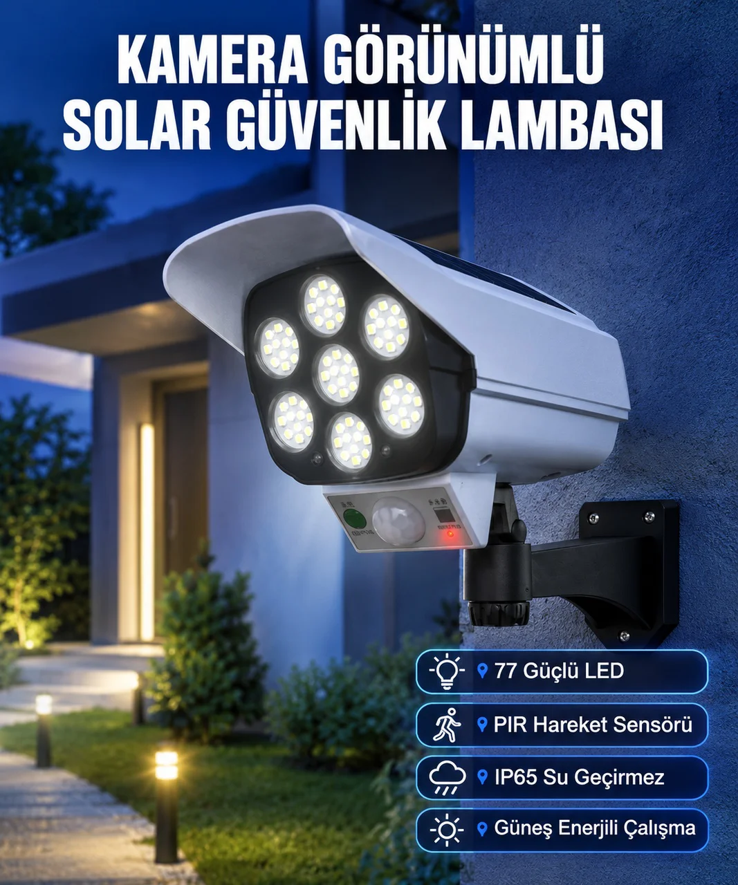 Kablosuz, Güneş Paneliyle Şarj Olan Dış Mekan Lambası 8-10 Saat Aydınlatma Süresi - Lisinya