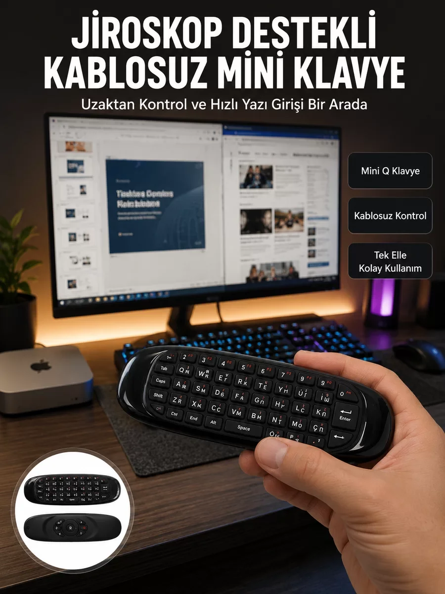 Kablosuz Hava Fareli Mini Klavye Jiroskop Destekli Uzaktan Kumanda - 6 Eksenli Akıcı Kontrol