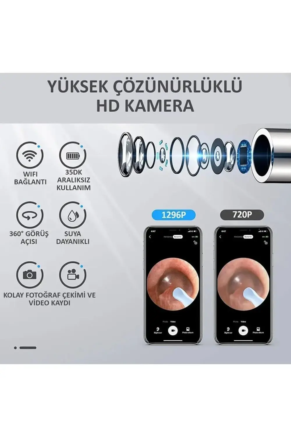Kablosuz Hd Kameralı Kulak Temizleme Seti 360° açı 1296P Wifi Bağ